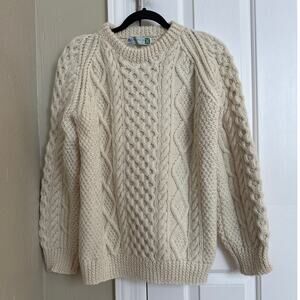 100% Irish Wool Fisherman Aran Sweater 23" Chest Pit Cream Ireland